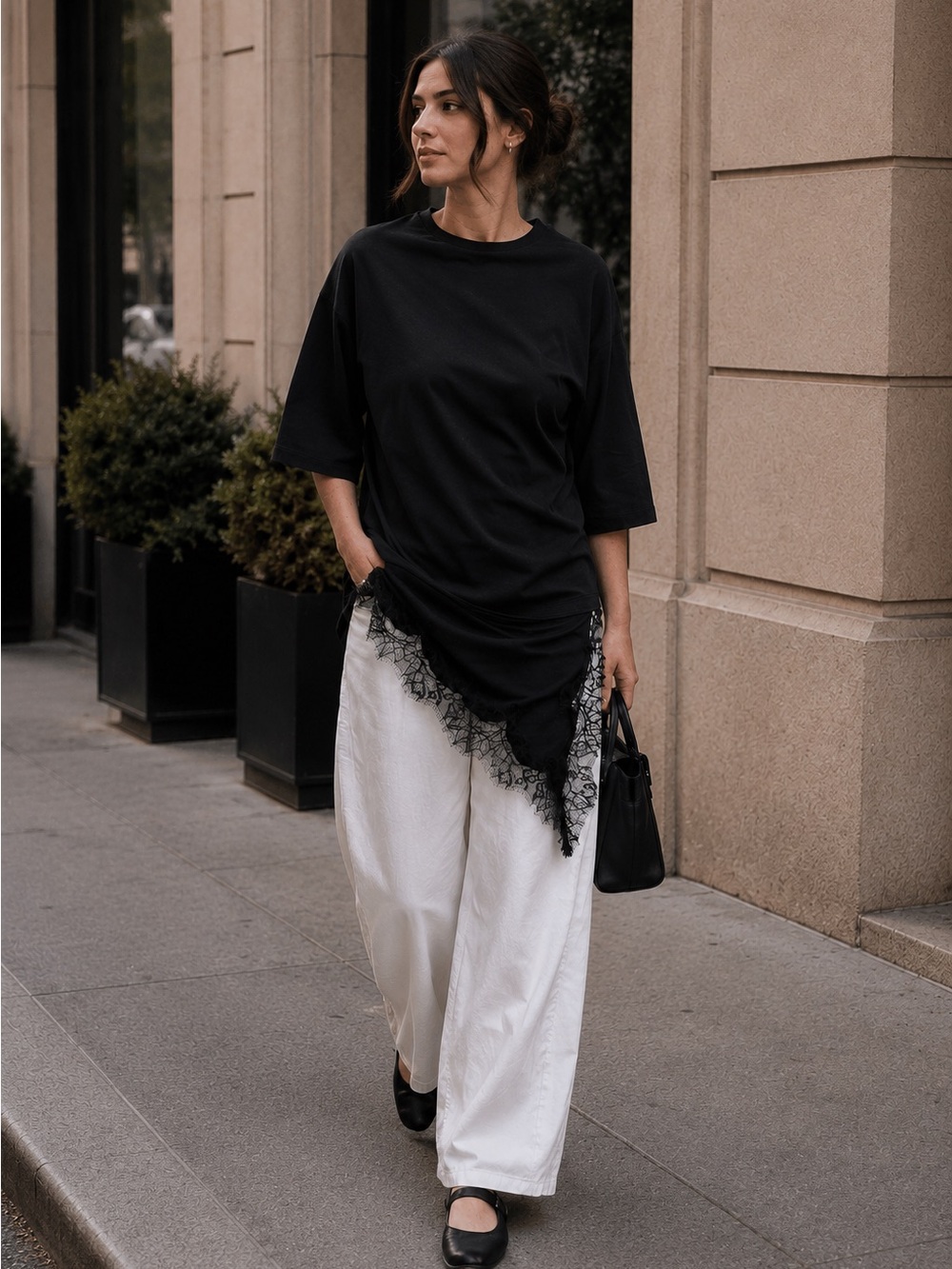 Zara Black Asymmetrical Lace Hem Shirt Top Size S Oversized Mixed Media